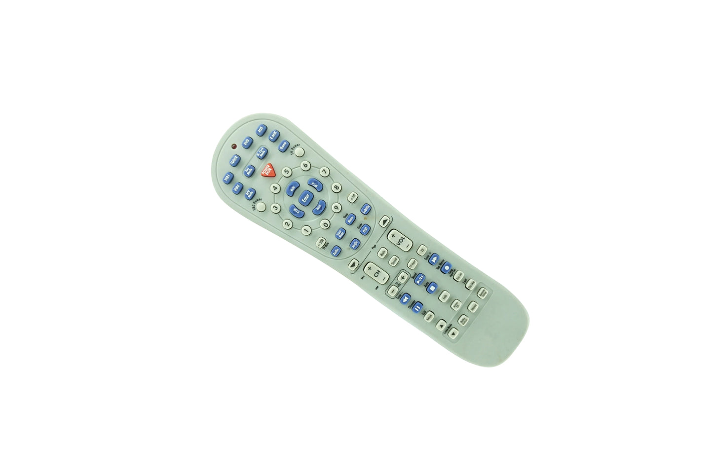 Light gray plastic remote control with blue white buttons and red power button for kenwood krf-x9070d audio video surround receiver