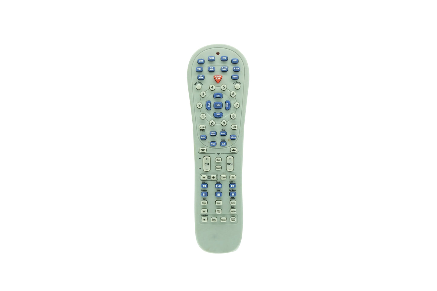 Light green plastic remote control with blue white buttons and red heart button for kenwood krf-x9070d audio video surround receiver