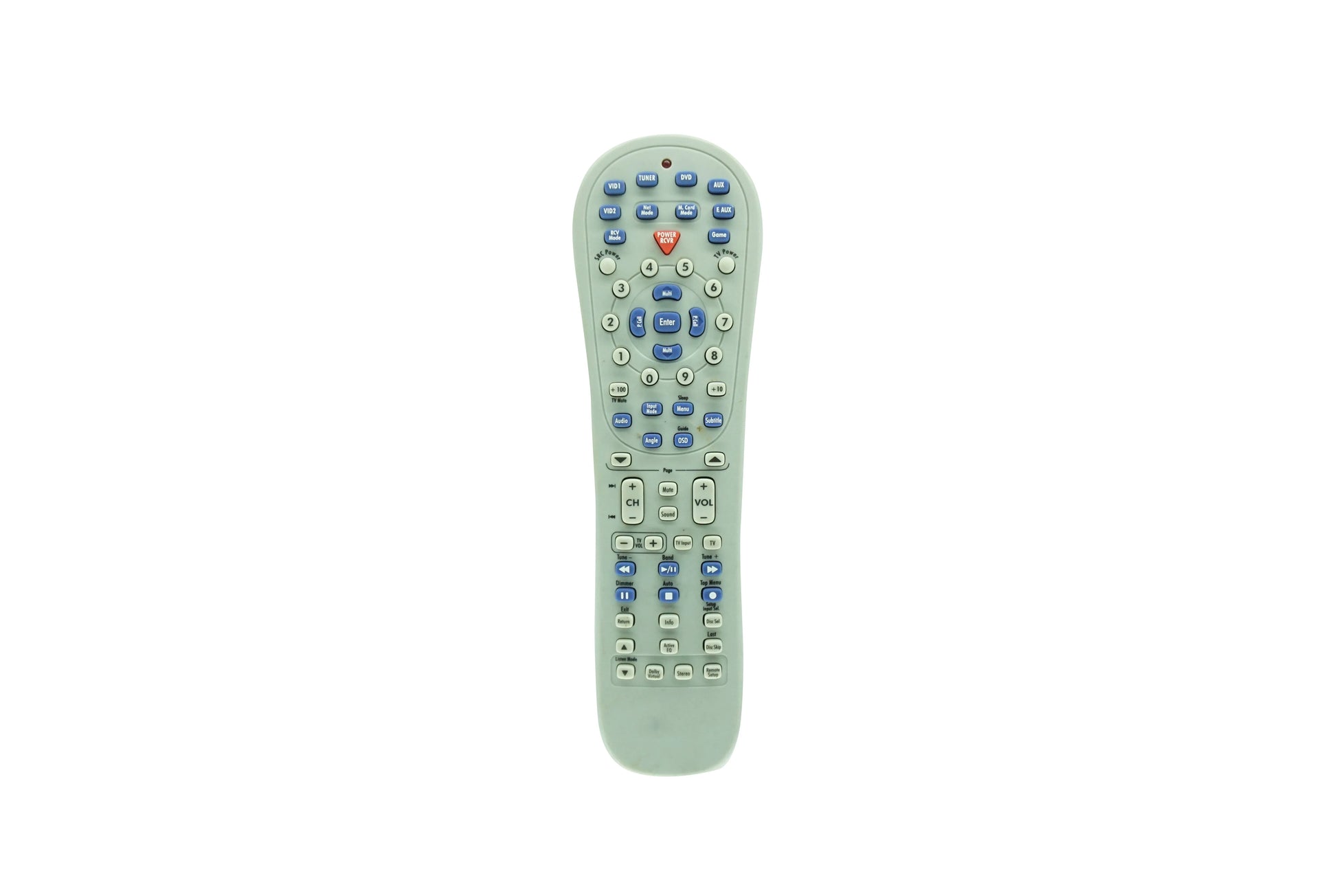 Light green plastic remote control with blue white buttons and red heart button for kenwood krf-x9070d audio video surround receiver