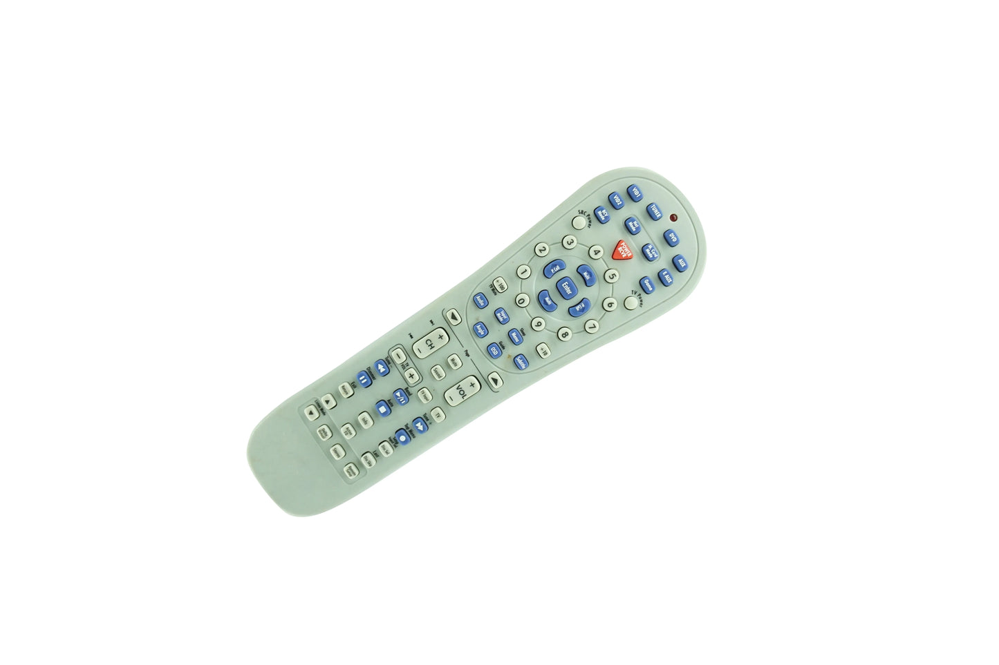 Light green plastic remote control with blue and white buttons for kenwood audio video surround receivers