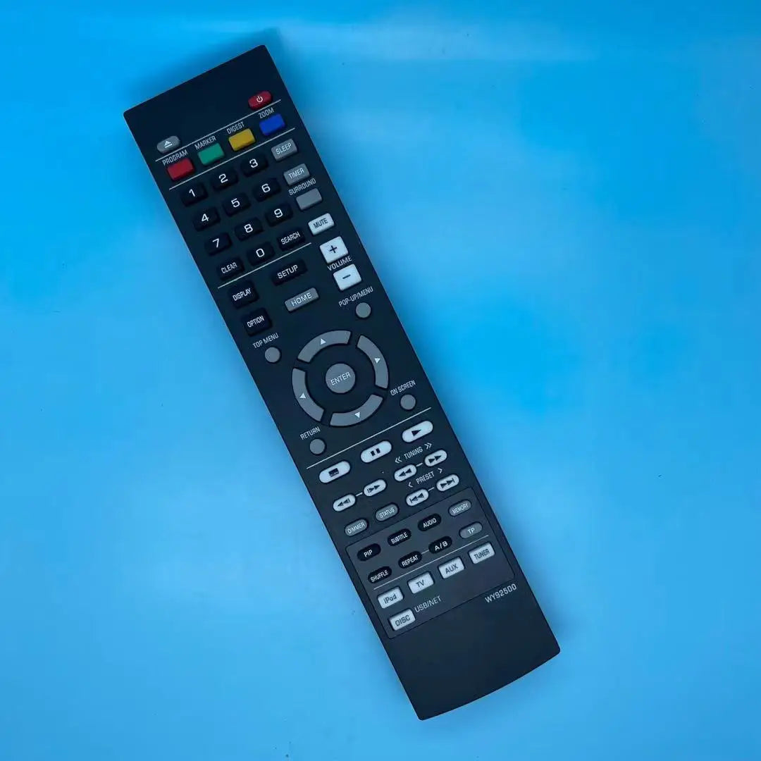 Black plastic remote control with matte finish and color-coded buttons for yamaha wy92500 brx-610 mcr-750 blu-ray system