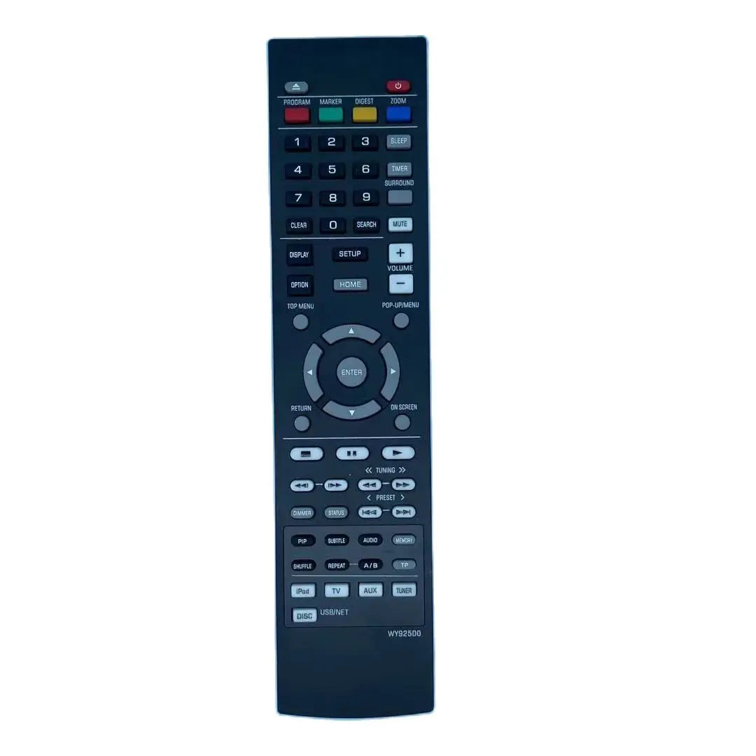 Black plastic remote control with matte finish and color-coded buttons for yamaha wy92500 brx-610 mcr-750 blu-ray system