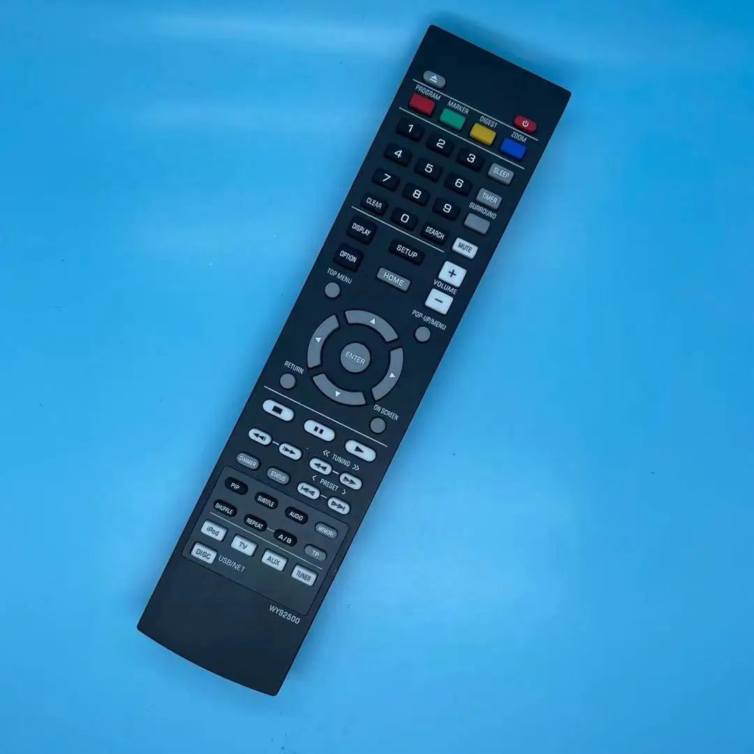 Black plastic remote control with matte finish and colored buttons for yamaha wy92500 brx-610 mcr-750 blu-ray system