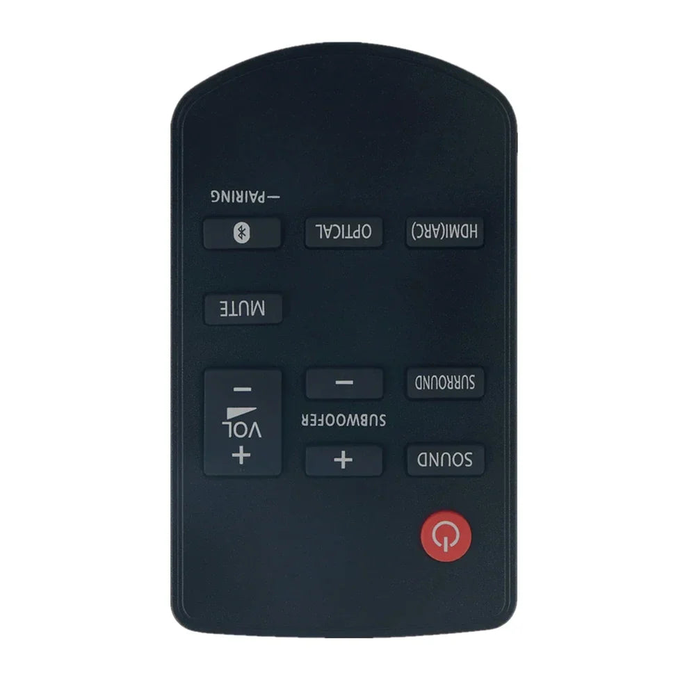 Black plastic remote control n2qayc000115 with labeled audio buttons and red power button for panasonic su-htb488 sc-htb688eb-k theater tv sound system