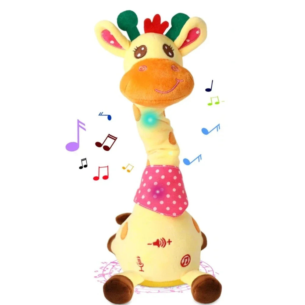 A plush yellow dancing talking giraffe toy with songs glowing swaying features adjustable volume musical functions