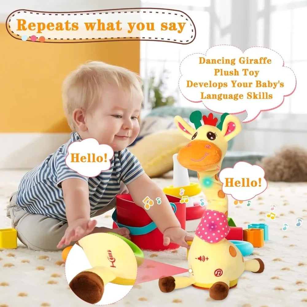 A plush yellow dancing talking giraffe toy with pink scarf green antlers repeats hello with songs glowing swaying and adjustable volume musical features