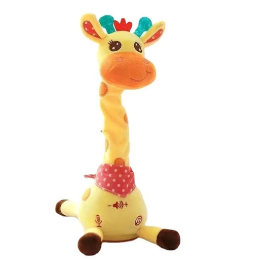 Yellow plush dancing talking giraffe toy with red polka-dot scarf featuring songs glowing swaying and adjustable volume musical
