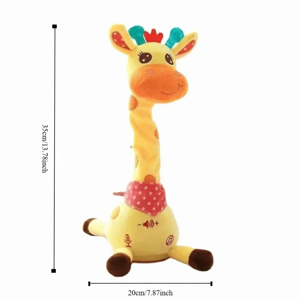 Yellow plush dancing talking giraffe toy with orange details and red polka dot scarf featuring songs glowing swaying and adjustable volume musical functions