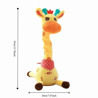 Yellow plush dancing talking giraffe toy with orange details and red polka dot scarf featuring songs glowing swaying and adjustable volume musical functions