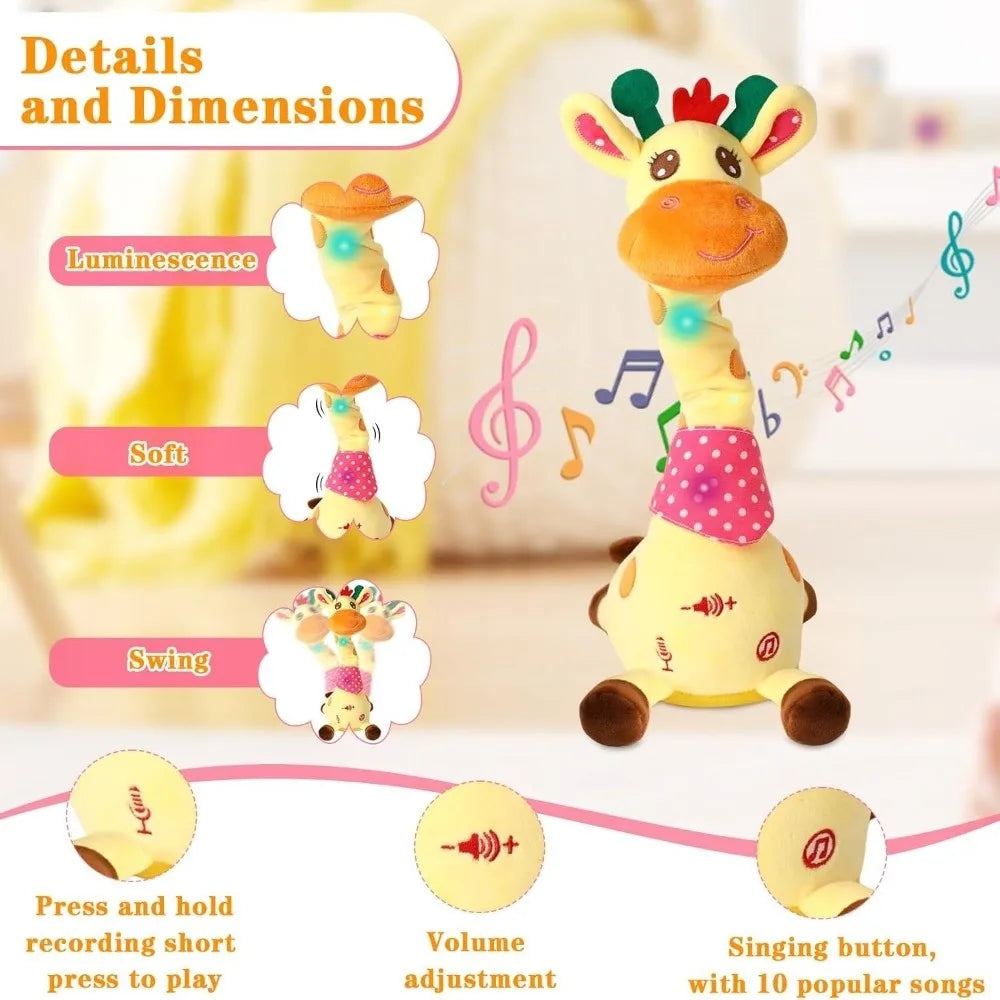Yellow plush dancing talking giraffe toy with green and red antlers, glowing blue accents, and adjustable volume musical songs glowing swaying