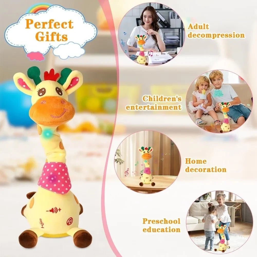 Yellow plush dancing talking giraffe toy with green and red antlers pink polka scarf and songs glowing swaying features
