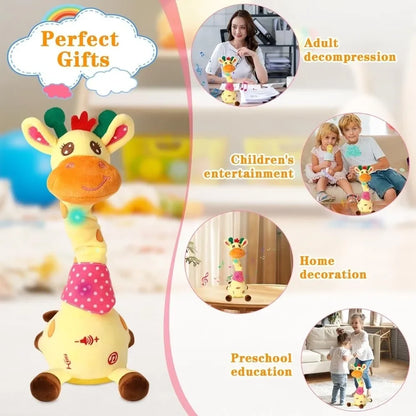 Yellow plush dancing talking giraffe toy with green and red antlers pink polka scarf and songs glowing swaying features
