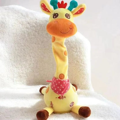 A yellow plush dancing talking giraffe toy with orange spots pink polka-dotted bandana songs glowing swaying adjustable volume musical
