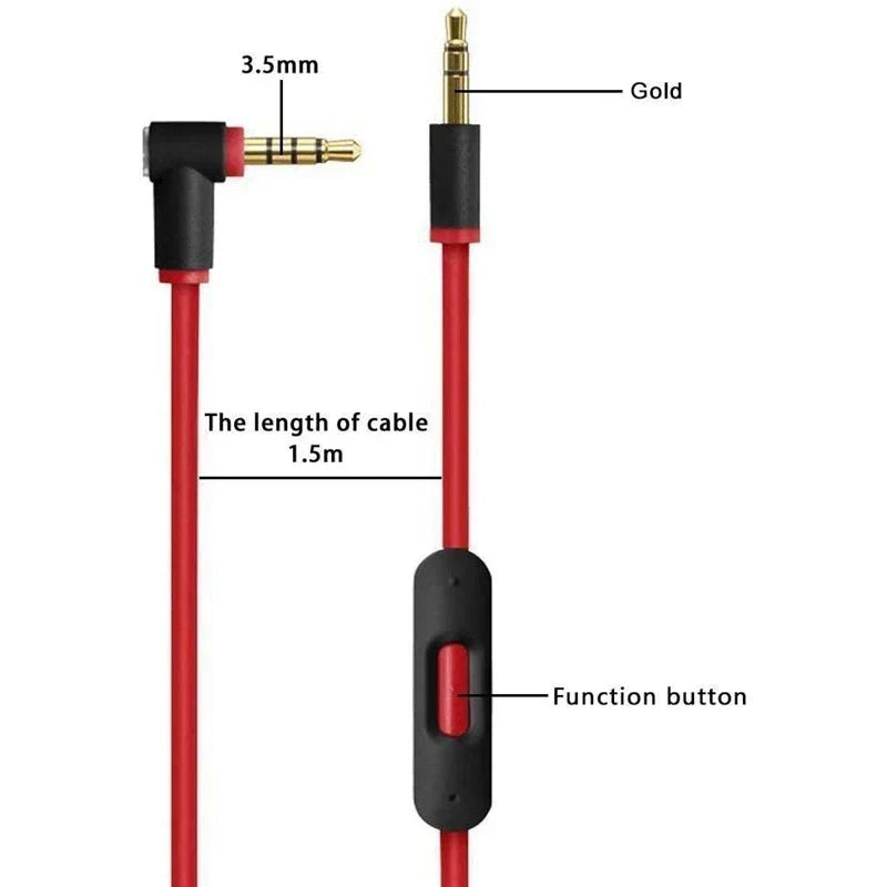 Replacement audio cable for beats by dr dre headphones red 3.5mm with gold connectors black inline mic for studio executive mixr solo wireless