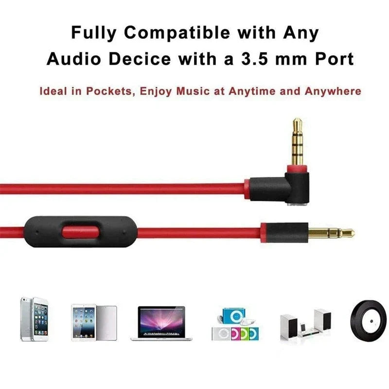 Replacement audio cable for beats by dre headphones with red cable, black inline mic, and gold 3.5mm connectors for studio executive mixr solo wireless use