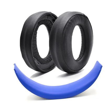 Black leather-like replacement ear pads with blue headband cushion for sony gold wireless ps3 surround sound cechya-0083 headphones