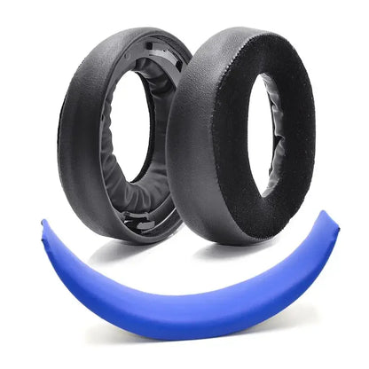 Black leather-like replacement ear pads with blue plastic headband cushion for sony gold wireless ps3 surround sound cechya-0083 headphones