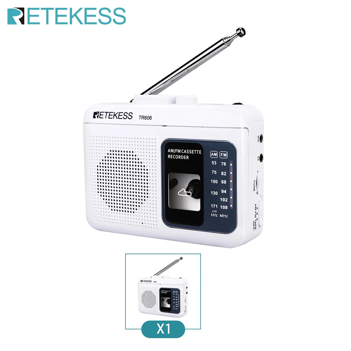 White retekess tr606 cassette radio voice recorder with silver telescopic antenna and black control panel for external microphone recording