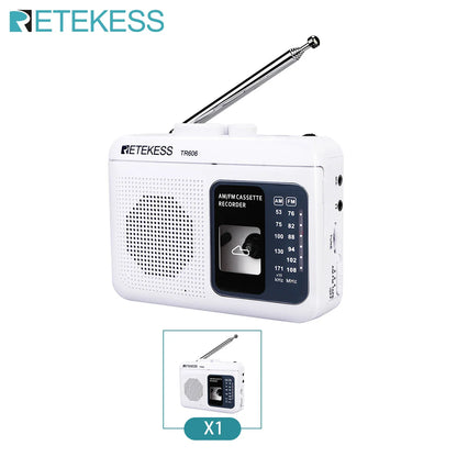 White retekess tr606 cassette radio voice recorder with silver telescopic antenna and black control panel for external microphone recording