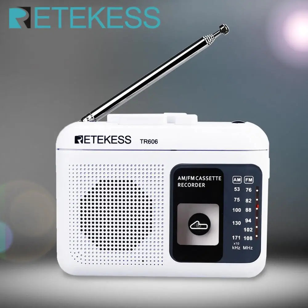 White retekess tr606 cassette radio voice recorder with silver telescopic antenna and black control panel supports external microphone recording