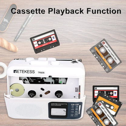 White retekess tr606 cassette recorder with open lid showing internal components and black control panel for radio voice recorder and external microphone recording
