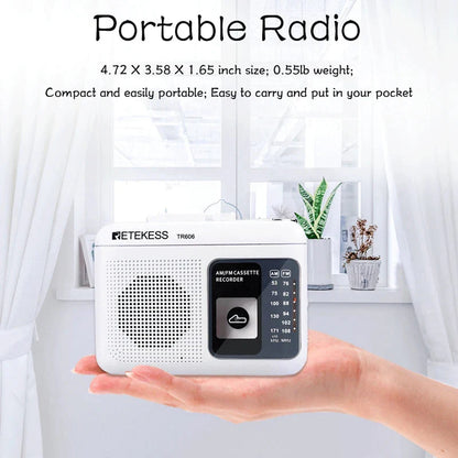 White retekess tr606 cassette portable radio voice recorder with black control panel supports external microphone recording