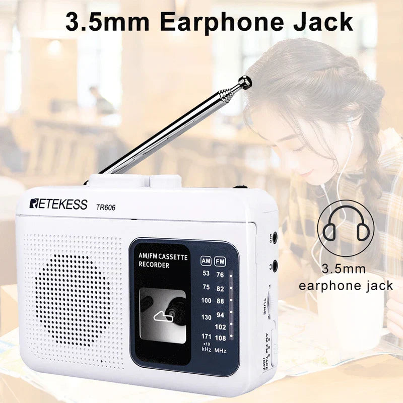 White plastic retekess tr606 cassette am fm radio voice recorder with silver telescopic antenna and black control panel supporting external microphone recording