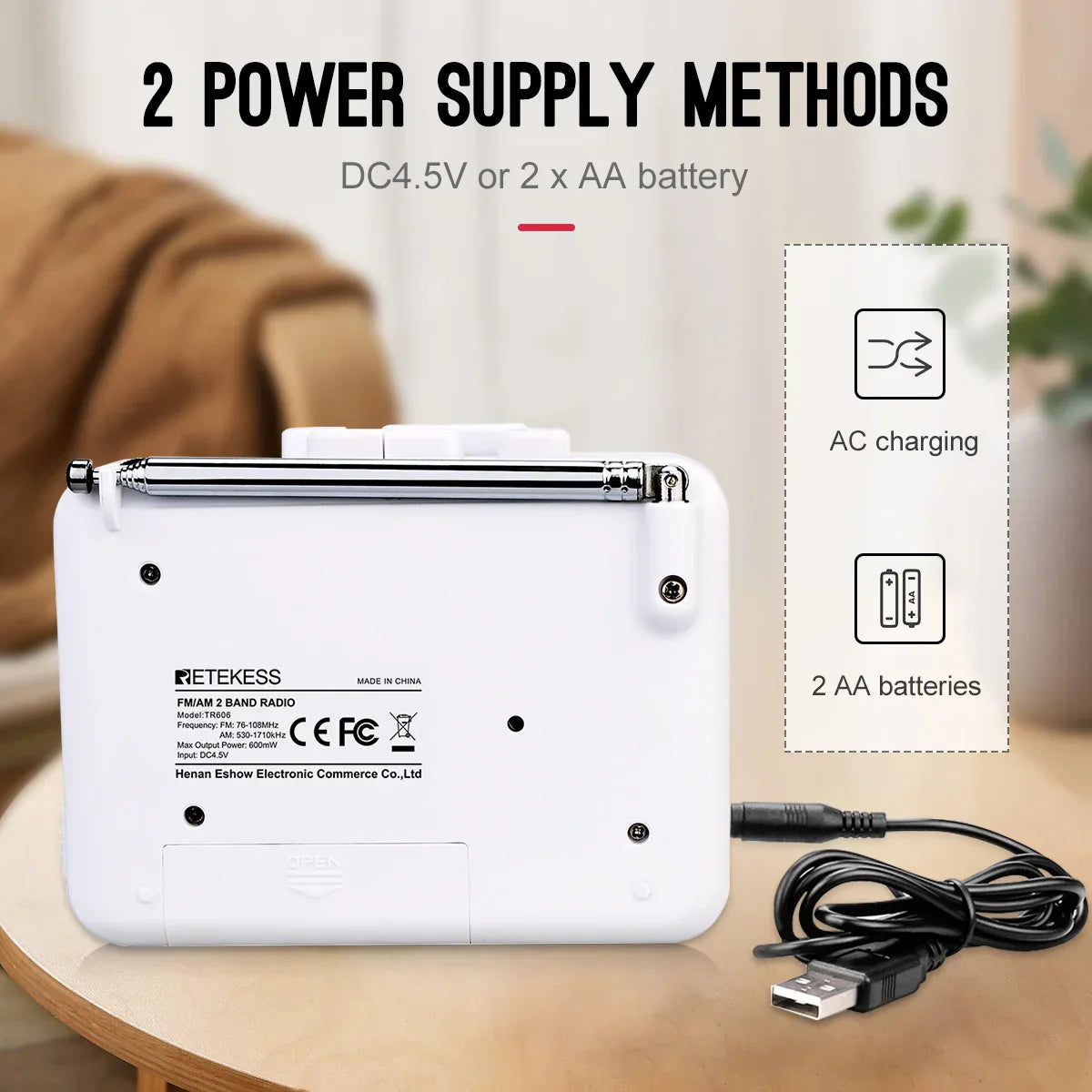 White plastic Retekess TR606 cassette portable radio voice recorder with silver antenna and USB charging cable for external microphone recording