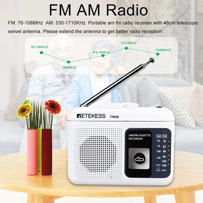 White plastic portable retekess tr606 cassette fm am radio voice recorder with telescopic antenna and external microphone recording