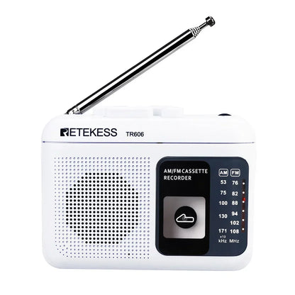White retekess tr606 portable voice recorder with black control panel silver antenna supports external microphone recording