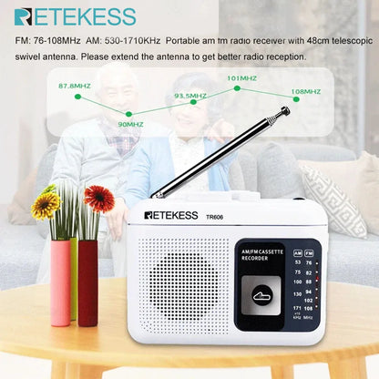 Retekess tr606 white portable voice recorder am fm radio with cassette playback and external microphone recording features