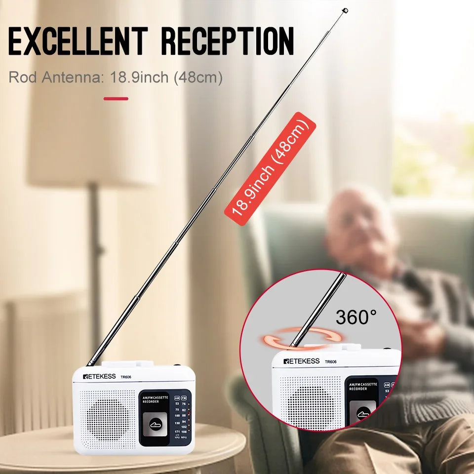 White plastic retekess tr606 white portable voice recorder with am/fm cassette playback and long extendable antenna for external microphone recording