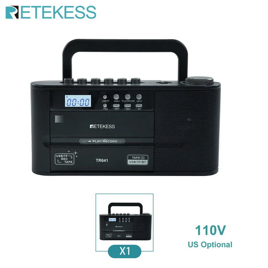 Black retekess tr641 portable cassette player with usb bluetooth transcription function dual power supply speaker