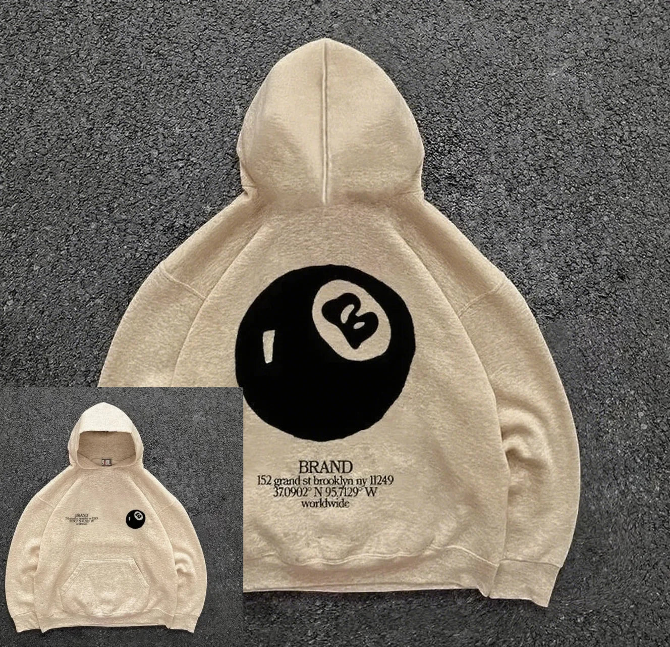 Beige hooded men’s streetwear pullover featuring a retro 8-ball pattern large graphic on the back and small emblem front pocket