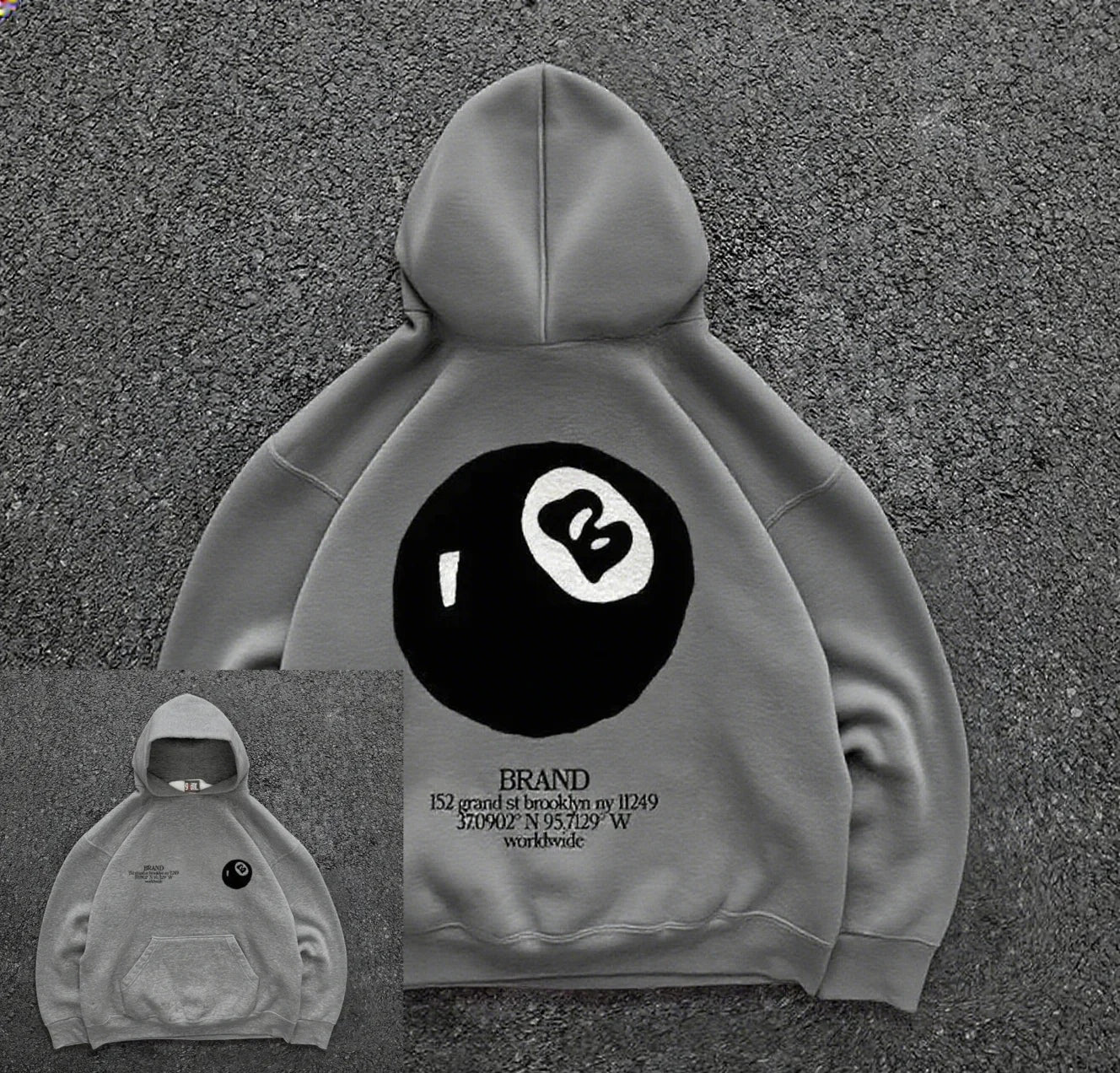 Back view of gray pullover casual hoodie with large black and white retro 8-ball pattern for hooded men’s streetwear