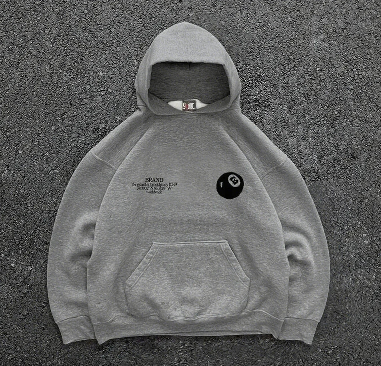 Gray hooded men’s streetwear pullover with retro 8-ball pattern black logo, ribbed cuffs and hem for casual wear