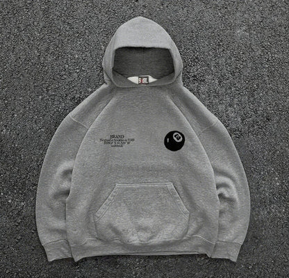 Gray hooded men’s streetwear pullover with retro 8-ball pattern black logo, ribbed cuffs and hem for casual wear