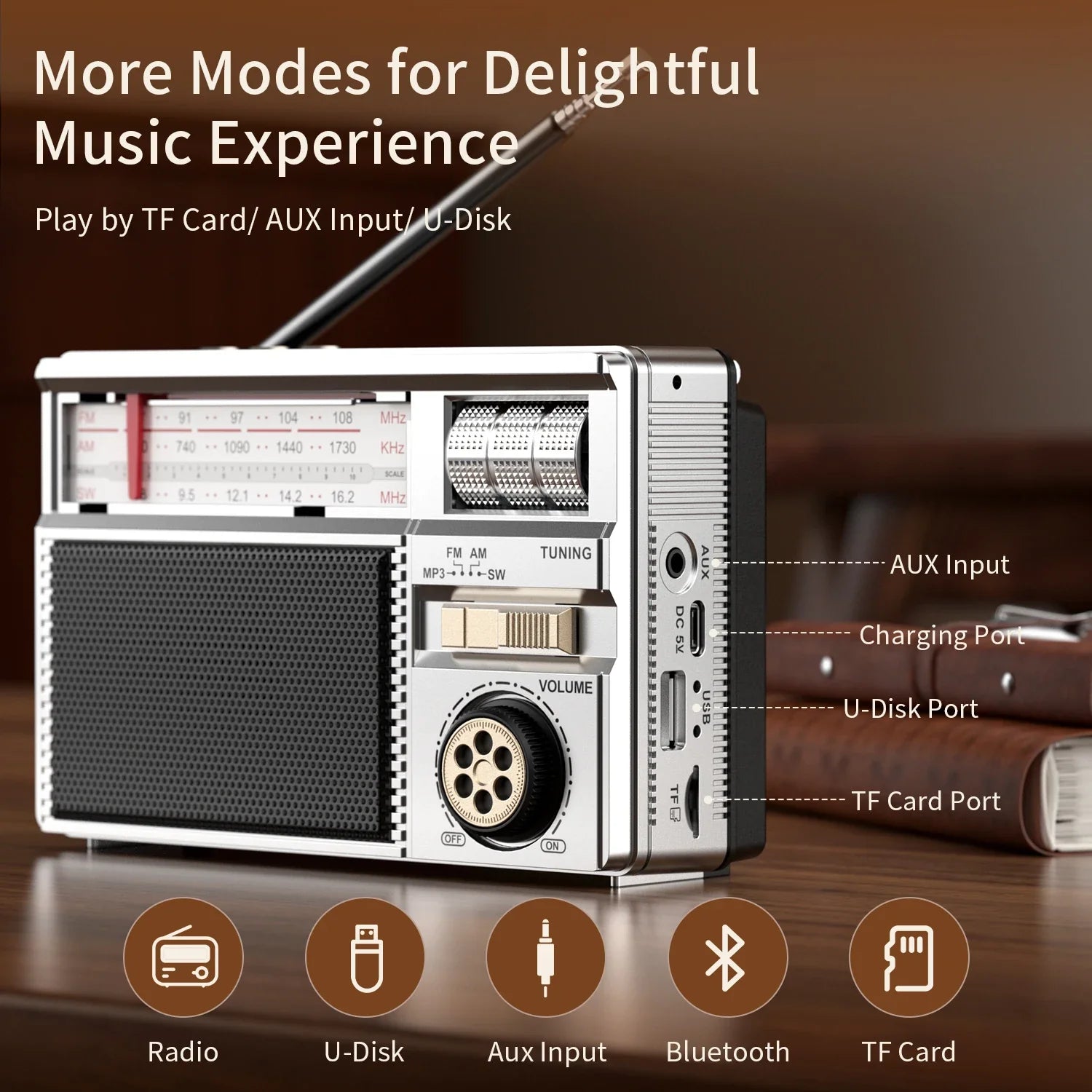 Silver and black retro all-band radio with telescopic antenna, vintage dials, tf card and usb ports, wireless audio connectivity