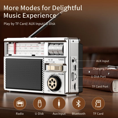 Silver and black retro all-band radio with telescopic antenna, vintage dials, tf card and usb ports, wireless audio connectivity