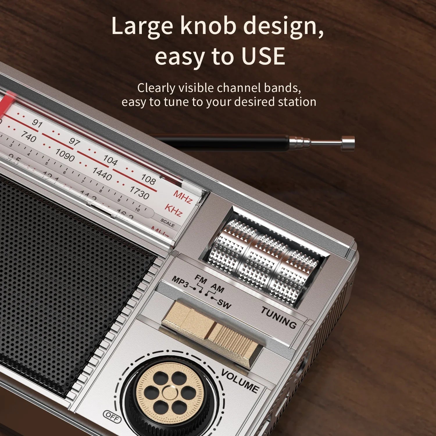 Silver and black retro all-band radio with large knob dual-band tuning fm am and multi-mode charging options