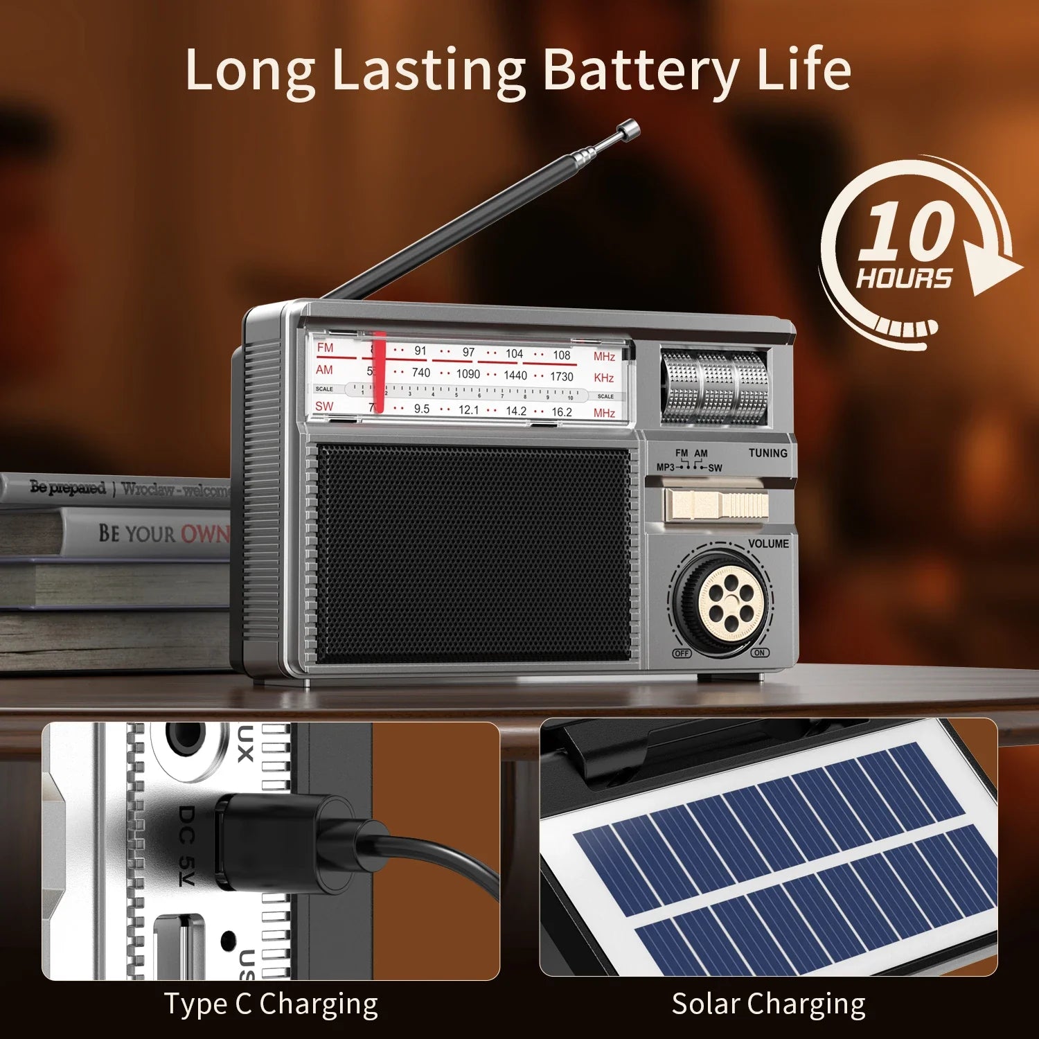 Silver retro all-band portable radio with telescopic antenna dual charging and wireless audio connectivity