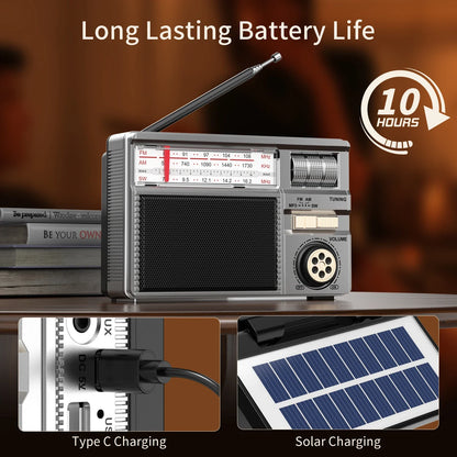 Silver retro all-band portable radio with telescopic antenna dual charging and wireless audio connectivity