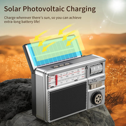 Silver retro all-band portable radio with built-in solar panel for charging and wireless audio connectivity