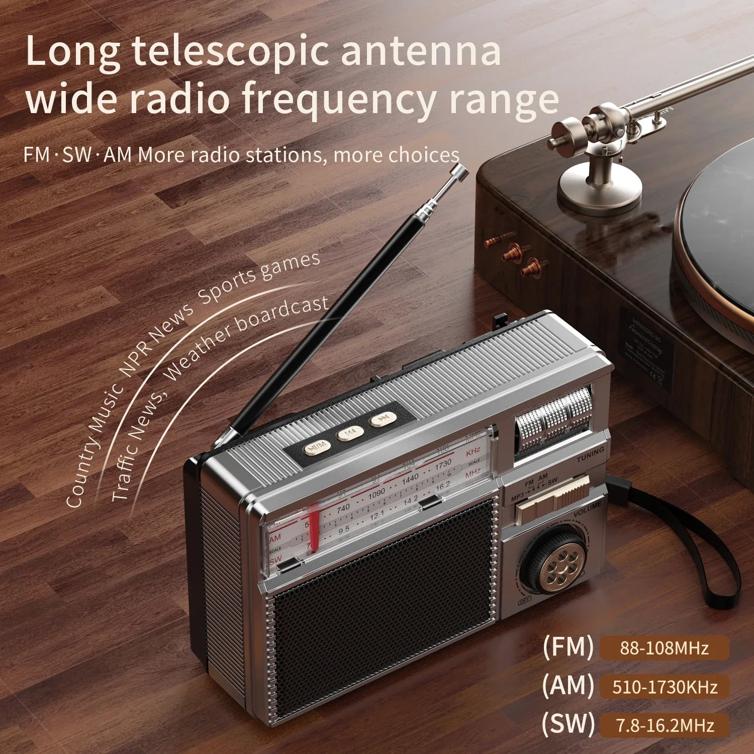 Silver retro all-band portable radio with black speaker grille and long telescopic antenna featuring wireless connectivity