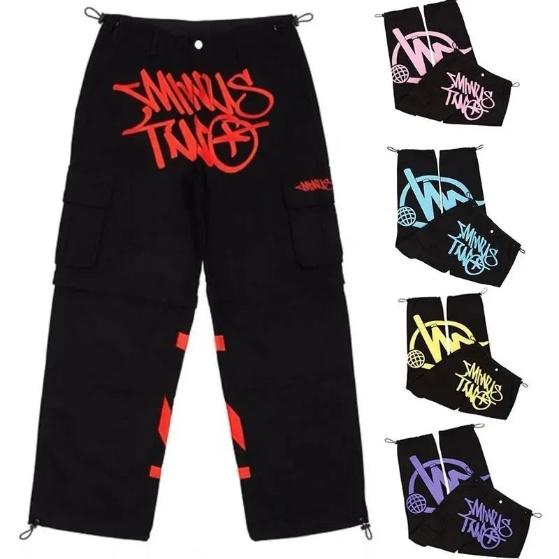Black cargo pants with bold red sminus tuna lettering and orange geometric accents pocket print casual loose workwear for men dance scene