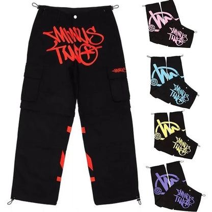 Black cargo pants with bold red sminus tuna lettering and orange geometric accents pocket print casual loose workwear for men dance scene
