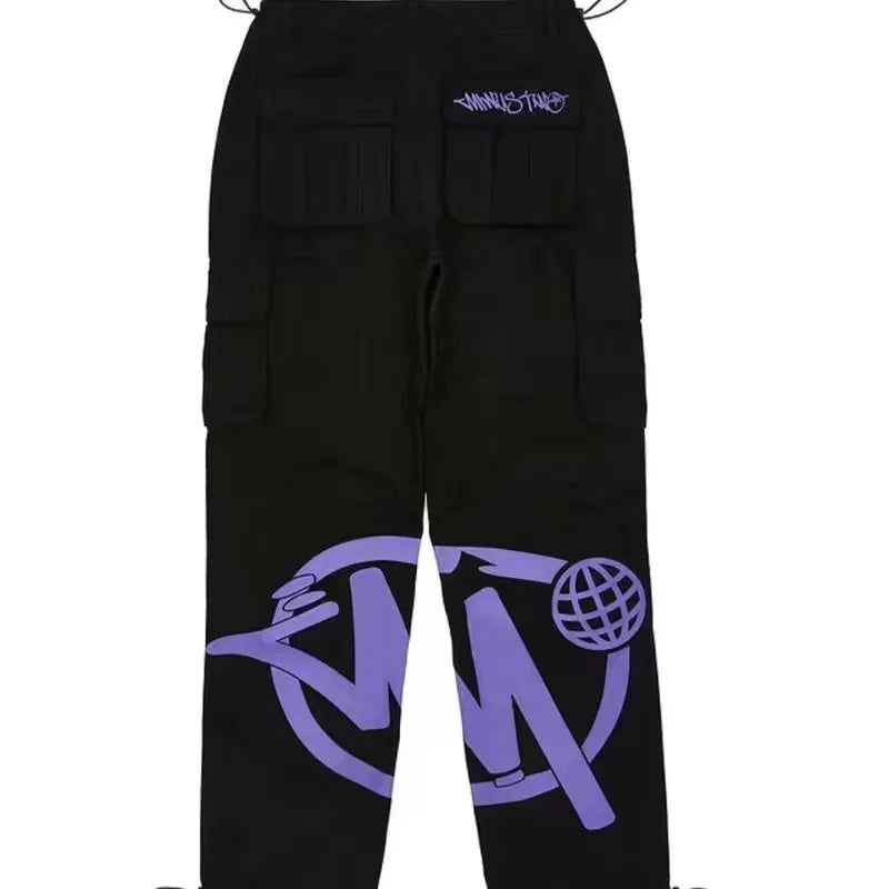 Black cargo pants with bold purple graffiti pocket print casual design and embroidered logo for men dance scene wear