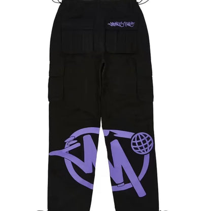 Black cargo pants with bold purple graffiti pocket print casual design and embroidered logo for men dance scene wear