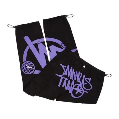 Black fabric drawstring pouches with purple graffiti logos and a globe emblem for casual loose workwear men dance scene use