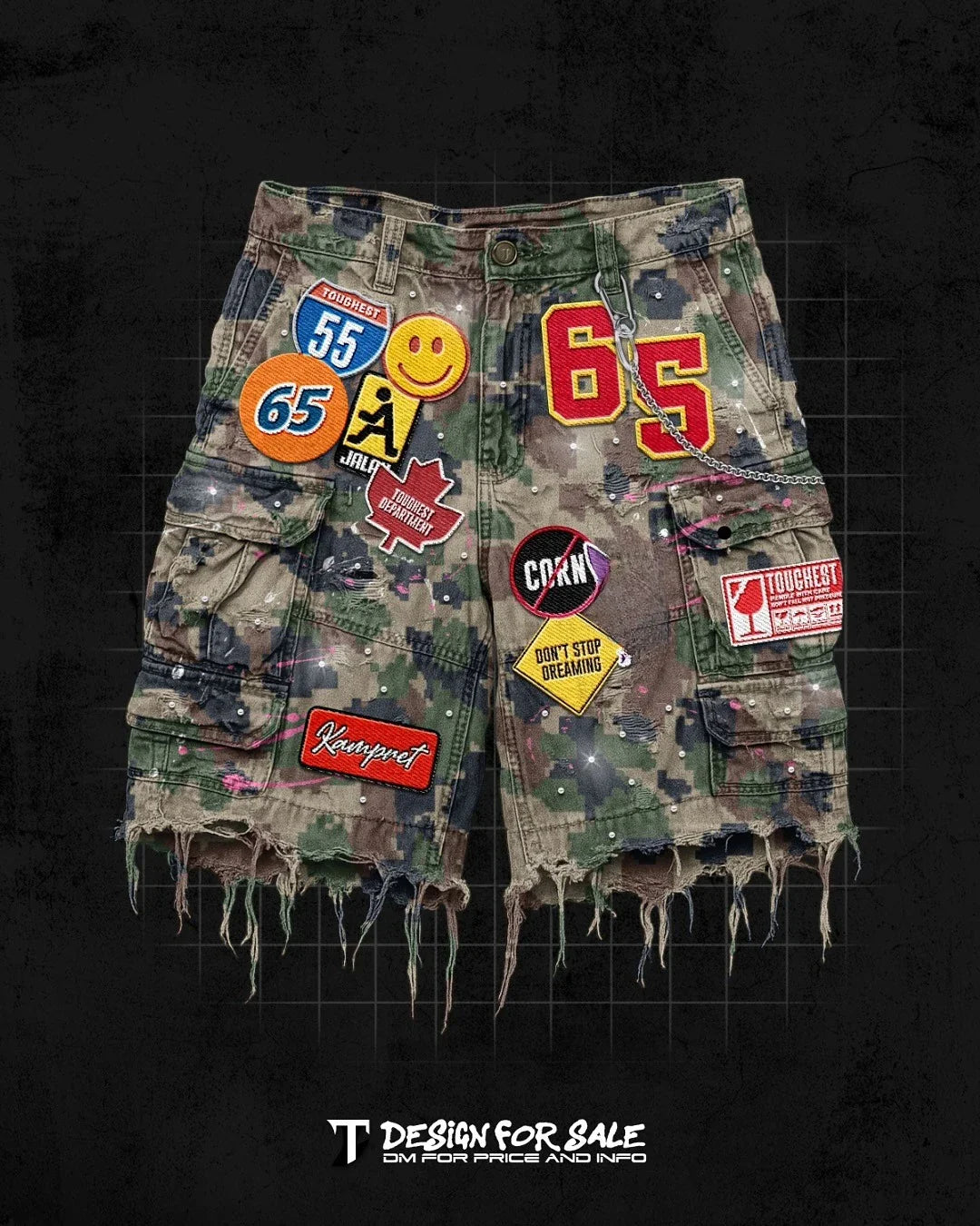 Retro blue streetwear camo denim short y2k with colorful patches studs frayed hem for casual streetwear style